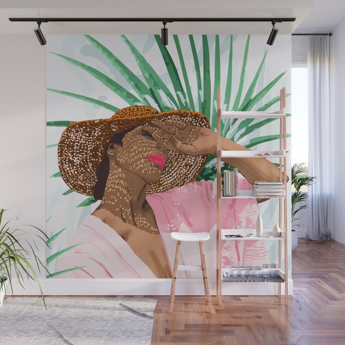 Sunshine in My Soul | Black Woman Tropical Travel | Modern Boho Palm Summer Vacation Fashion Wall Mural Gallery Image 1