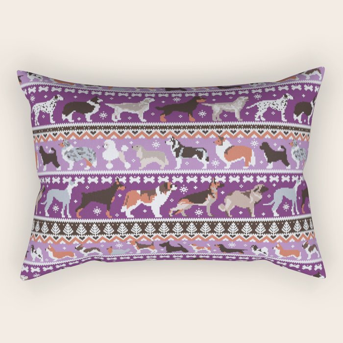 Fluffy and bright fair isle knitting doggie friends // seance purple and east side violet background brown orange white and grey dog breeds  Rectangular Pillow Gallery Image 2