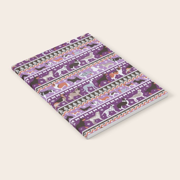 Fluffy and bright fair isle knitting doggie friends // seance purple and east side violet background brown orange white and grey dog breeds  Notebook Gallery Image 2