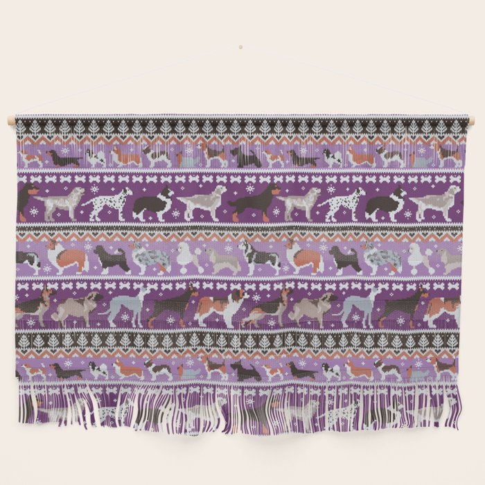 Fluffy and bright fair isle knitting doggie friends // seance purple and east side violet background brown orange white and grey dog breeds  Wall Hanging Gallery Image 2