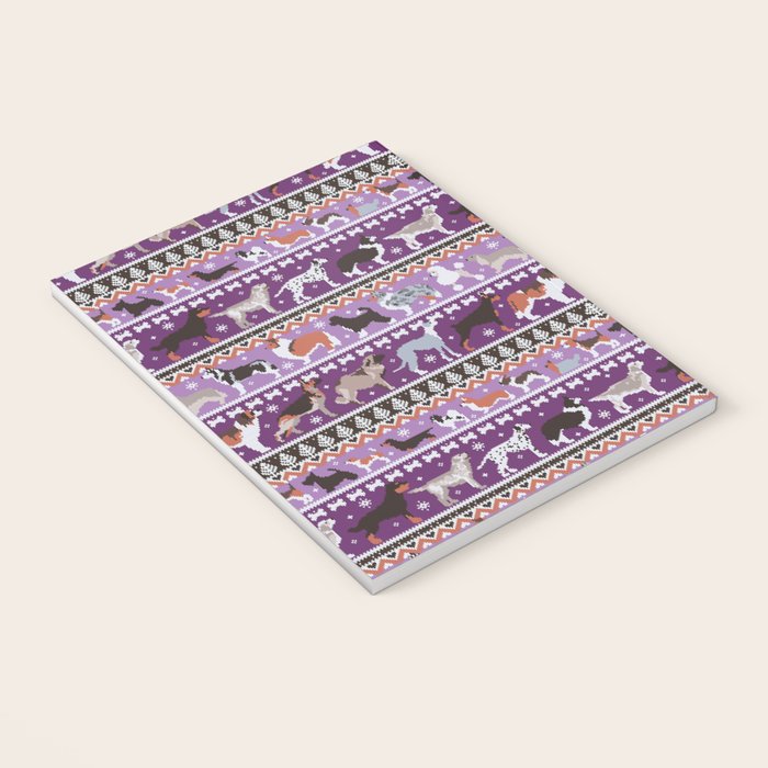 Fluffy and bright fair isle knitting doggie friends // seance purple and east side violet background brown orange white and grey dog breeds  Notebook Gallery Image 3
