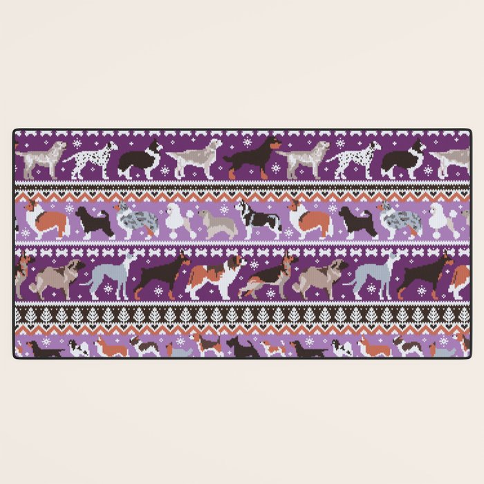 Fluffy and bright fair isle knitting doggie friends // seance purple and east side violet background brown orange white and grey dog breeds  Desk Mat Gallery Image 3