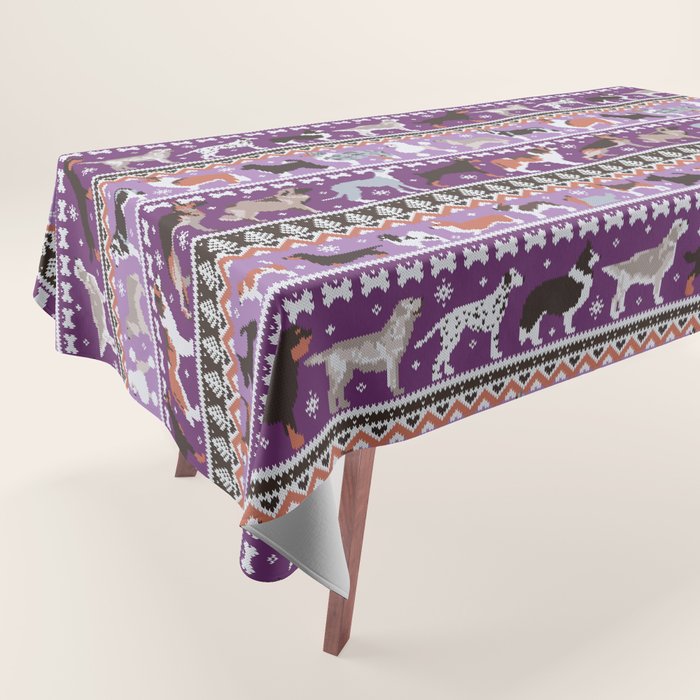 Fluffy and bright fair isle knitting doggie friends // seance purple and east side violet background brown orange white and grey dog breeds  Tablecloth Gallery Image 1