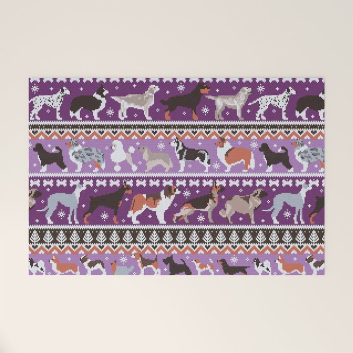 Fluffy and bright fair isle knitting doggie friends // seance purple and east side violet background brown orange white and grey dog breeds  Welcome Mat Gallery Image 1