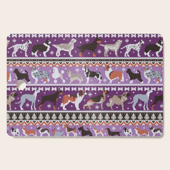 Fluffy and bright fair isle knitting doggie friends // seance purple and east side violet background brown orange white and grey dog breeds  Cutting Board Gallery Image 1