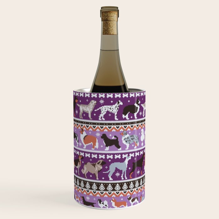 Fluffy and bright fair isle knitting doggie friends // seance purple and east side violet background brown orange white and grey dog breeds  Wine Chiller Gallery Image 3