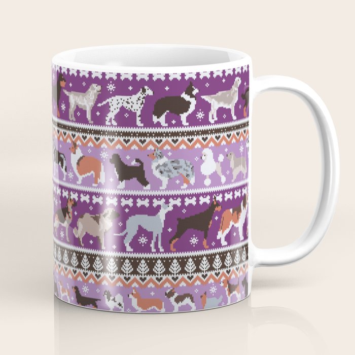 Fluffy and bright fair isle knitting doggie friends // seance purple and east side violet background brown orange white and grey dog breeds  Coffee Mug Gallery Image 1