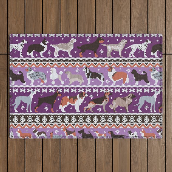 Fluffy and bright fair isle knitting doggie friends // seance purple and east side violet background brown orange white and grey dog breeds  Outdoor Rug Gallery Image 1