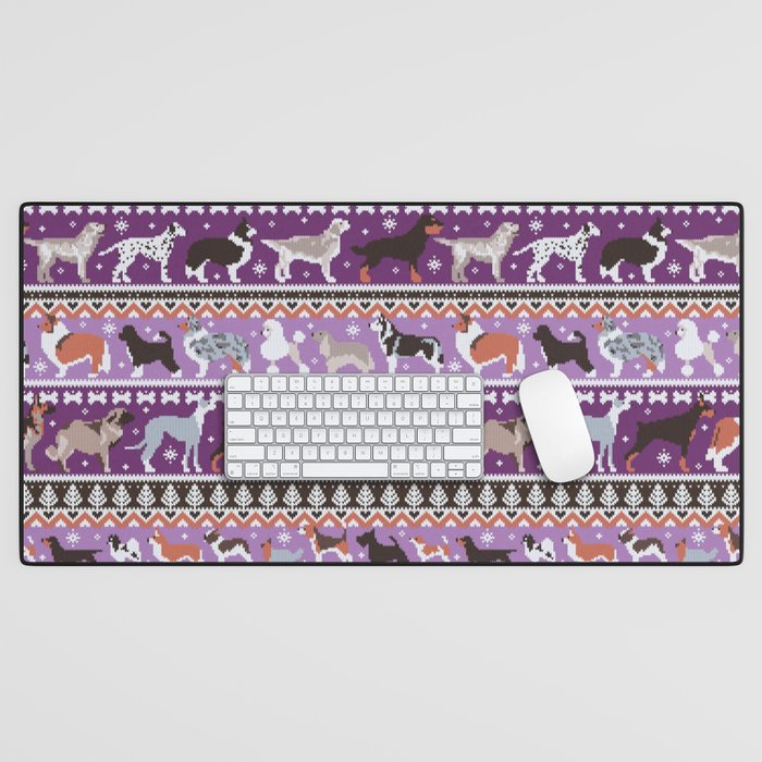 Fluffy and bright fair isle knitting doggie friends // seance purple and east side violet background brown orange white and grey dog breeds  Desk Mat Gallery Image 1