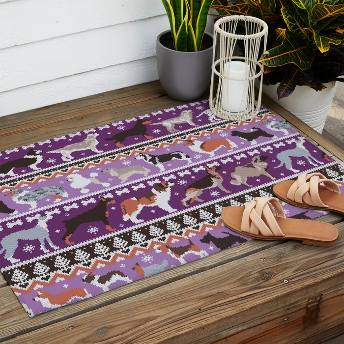 Fluffy and bright fair isle knitting doggie friends // seance purple and east side violet background brown orange white and grey dog breeds  Outdoor Rug Gallery Image 2