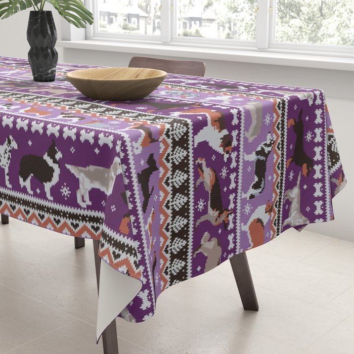 Fluffy and bright fair isle knitting doggie friends // seance purple and east side violet background brown orange white and grey dog breeds  Tablecloth Gallery Image 3