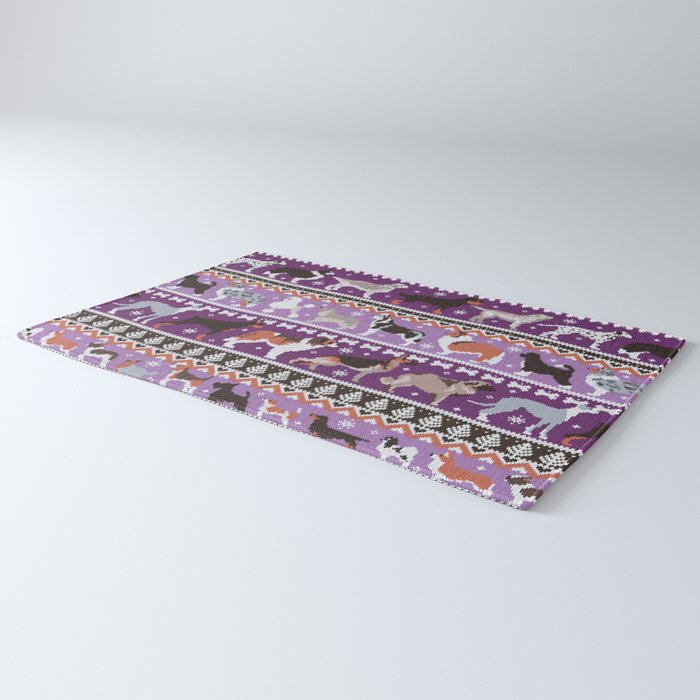 Fluffy and bright fair isle knitting doggie friends // seance purple and east side violet background brown orange white and grey dog breeds  Rug Gallery Image 3