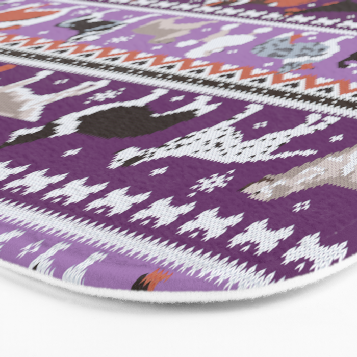 Fluffy and bright fair isle knitting doggie friends // seance purple and east side violet background brown orange white and grey dog breeds  Bath Mat Gallery Image 3