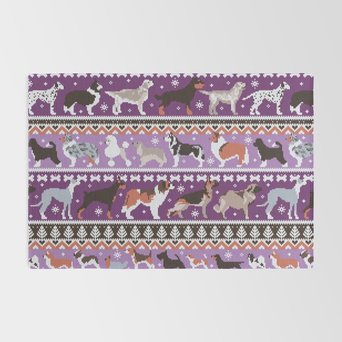 Fluffy and bright fair isle knitting doggie friends // seance purple and east side violet background brown orange white and grey dog breeds  Rug Gallery Image 2