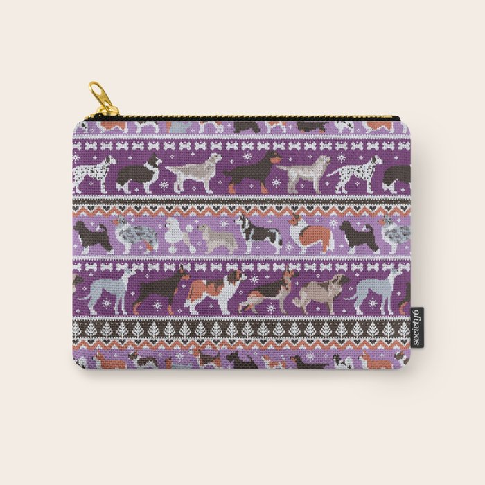 Fluffy and bright fair isle knitting doggie friends // seance purple and east side violet background brown orange white and grey dog breeds  Carry All Pouch Gallery Image 1