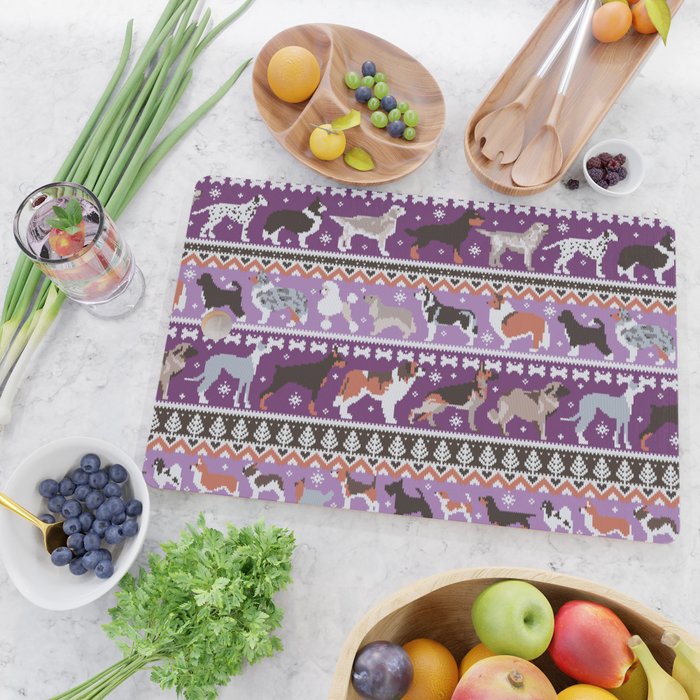 Fluffy and bright fair isle knitting doggie friends // seance purple and east side violet background brown orange white and grey dog breeds  Cutting Board Gallery Image 2