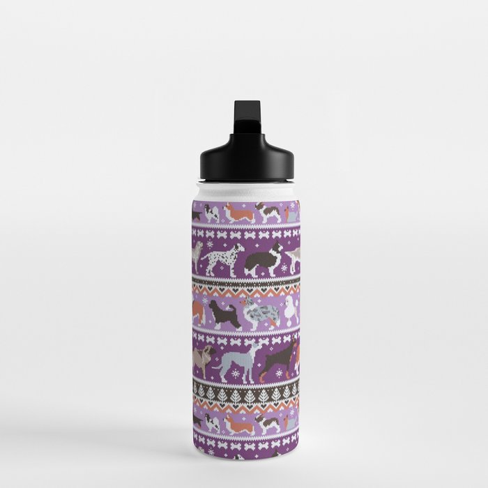Fluffy and bright fair isle knitting doggie friends // seance purple and east side violet background brown orange white and grey dog breeds  Water Bottle Gallery Image 3