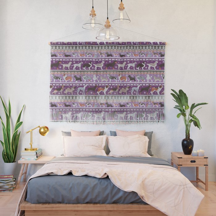 Fluffy and bright fair isle knitting doggie friends // seance purple and east side violet background brown orange white and grey dog breeds  Wall Hanging Gallery Image 2