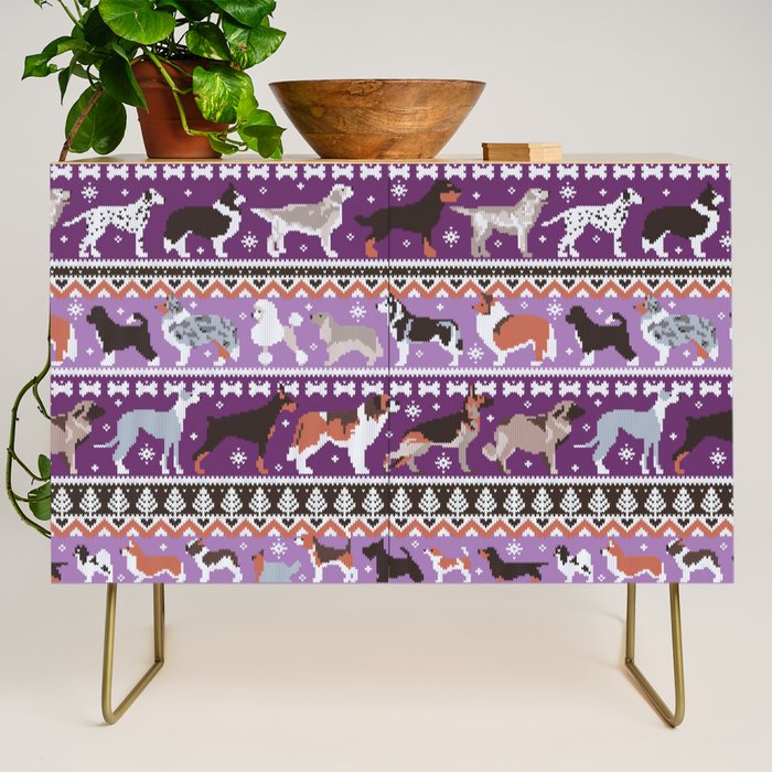 Fluffy and bright fair isle knitting doggie friends // seance purple and east side violet background brown orange white and grey dog breeds  Credenza Gallery Image 1
