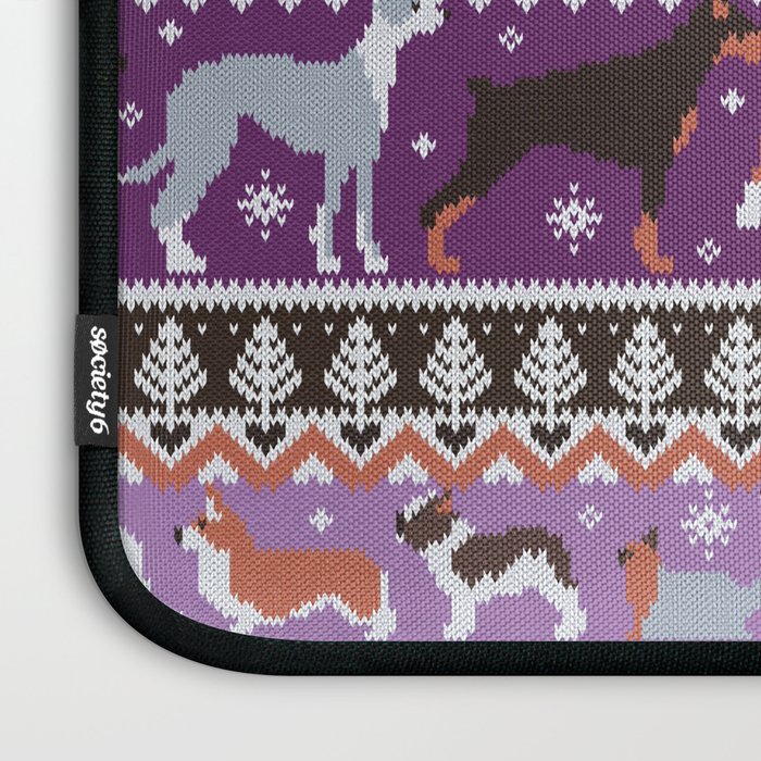 Fluffy and bright fair isle knitting doggie friends // seance purple and east side violet background brown orange white and grey dog breeds  Laptop Sleeve Gallery Image 3