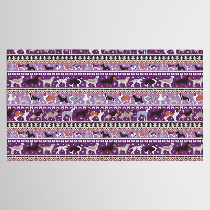 Fluffy and bright fair isle knitting doggie friends // seance purple and east side violet background brown orange white and grey dog breeds  Tablecloth Gallery Image 2
