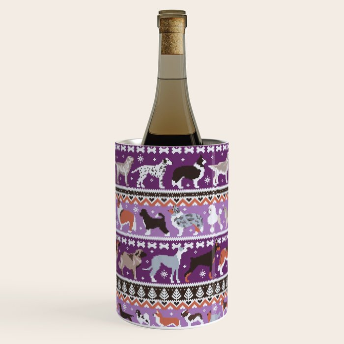 Fluffy and bright fair isle knitting doggie friends // seance purple and east side violet background brown orange white and grey dog breeds  Wine Chiller Gallery Image 2