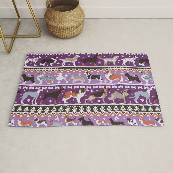 Fluffy and bright fair isle knitting doggie friends // seance purple and east side violet background brown orange white and grey dog breeds  Rug Gallery Image 1