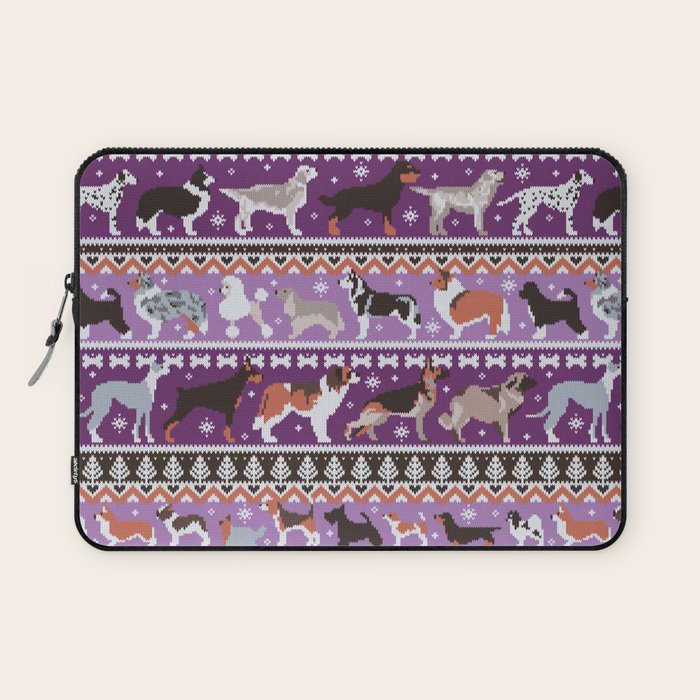 Fluffy and bright fair isle knitting doggie friends // seance purple and east side violet background brown orange white and grey dog breeds  Laptop Sleeve Gallery Image 1