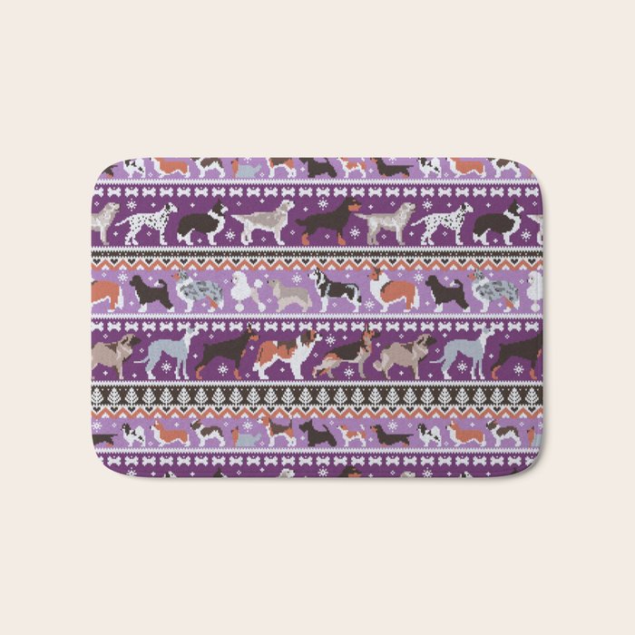 Fluffy and bright fair isle knitting doggie friends // seance purple and east side violet background brown orange white and grey dog breeds  Bath Mat Gallery Image 1
