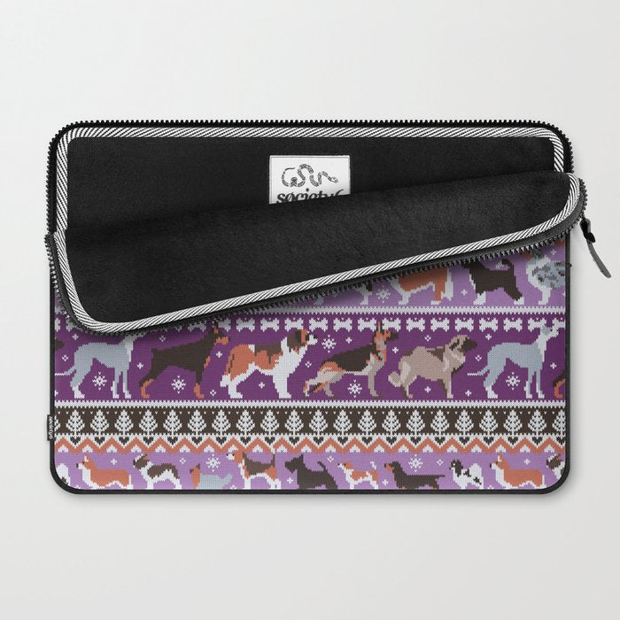 Fluffy and bright fair isle knitting doggie friends // seance purple and east side violet background brown orange white and grey dog breeds  Laptop Sleeve Gallery Image 2