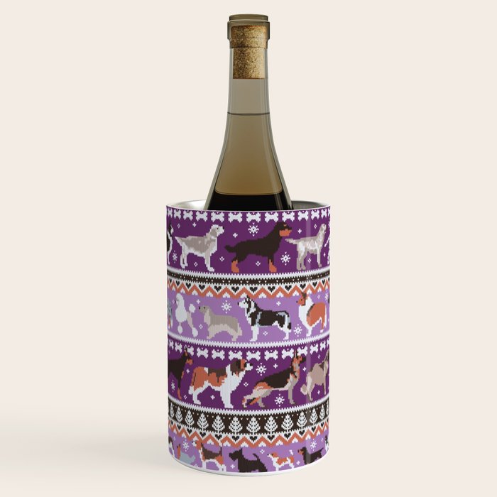 Fluffy and bright fair isle knitting doggie friends // seance purple and east side violet background brown orange white and grey dog breeds  Wine Chiller Gallery Image 1