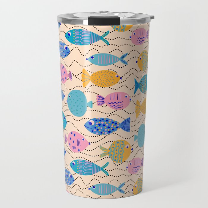 Go Fish - Blue, Yellow, Very Peri and Pink  Travel Mug Gallery Image 1