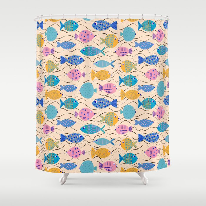 Go Fish - Blue, Yellow, Very Peri and Pink  Shower Curtain Gallery Image 1