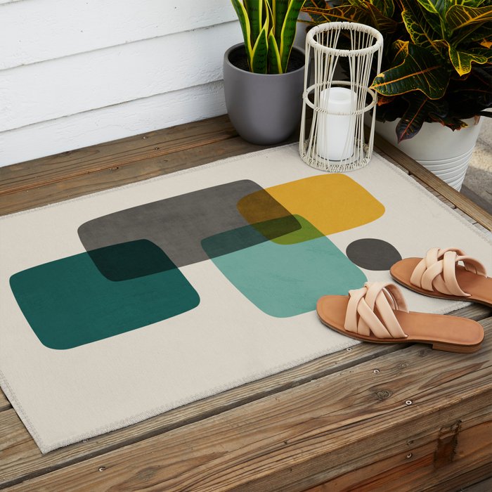 Teal Mustard Gray Art Outdoor Rug Gallery Image 2