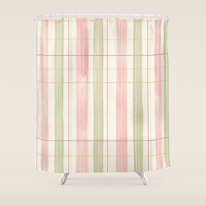 Cozy Gingham Plaid in Soft Pink and Sage Warm Heirloom Shower Curtain Gallery Image 1