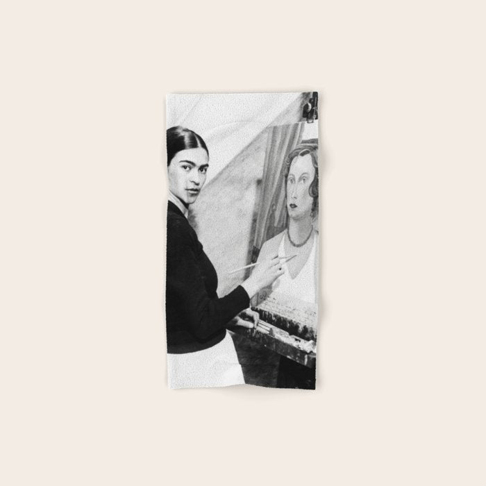 Frida Painting at Easel, Black and White Vintage Photograph Bath Towel Gallery Image 1