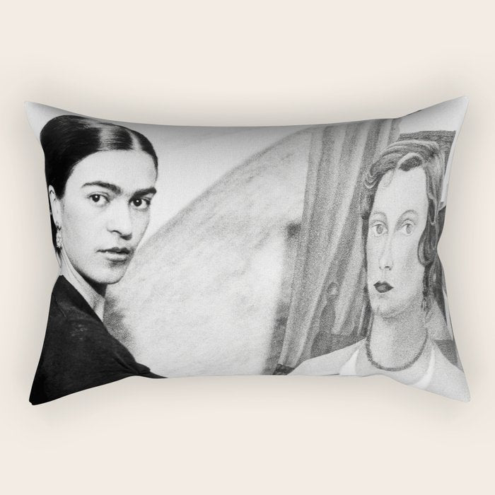 Frida Painting at Easel, Black and White Vintage Photograph Rectangular Pillow Gallery Image 2