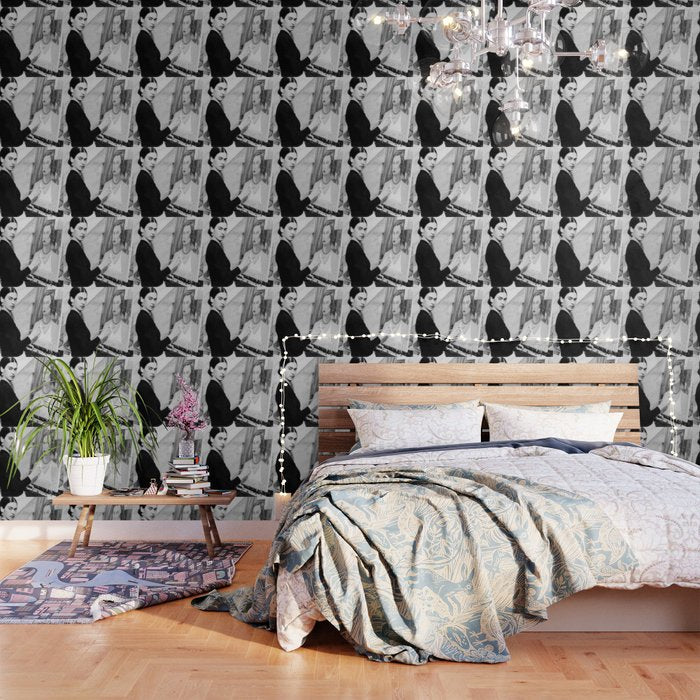 Frida Painting at Easel, Black and White Vintage Photograph Wallpaper Gallery Image 3