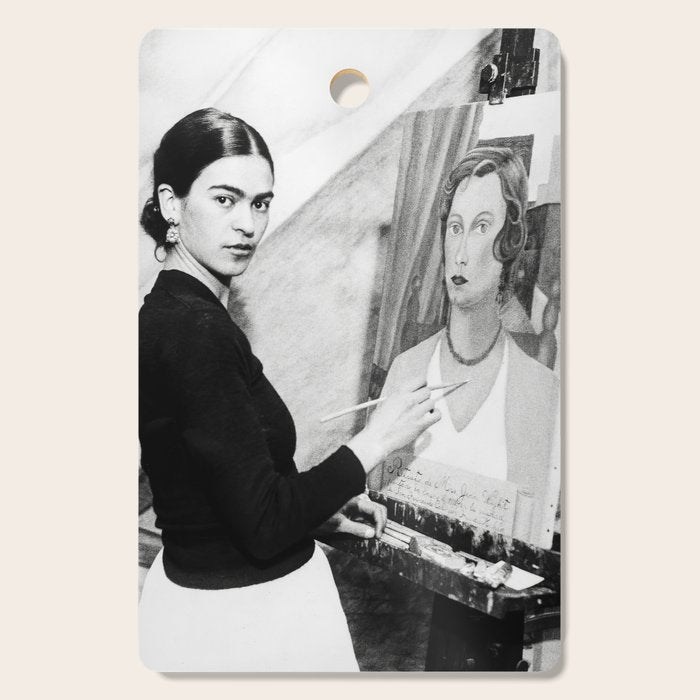 Frida Painting at Easel, Black and White Vintage Photograph Cutting Board Gallery Image 1