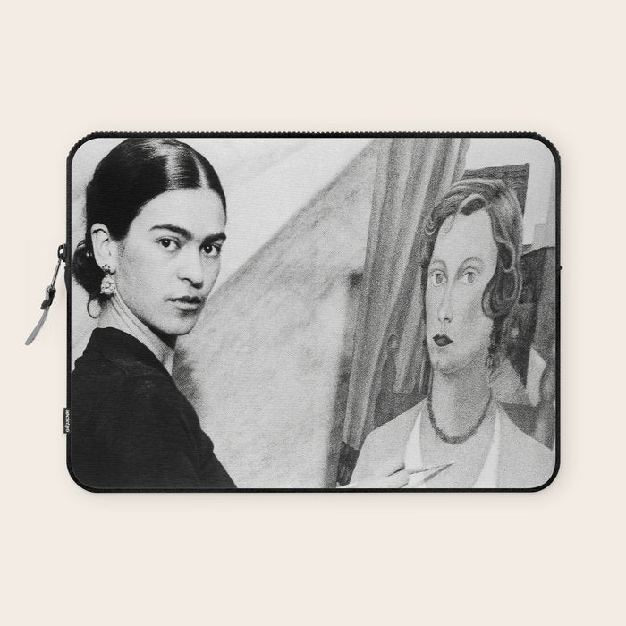 Frida Painting at Easel, Black and White Vintage Photograph Laptop Sleeve Gallery Image 1