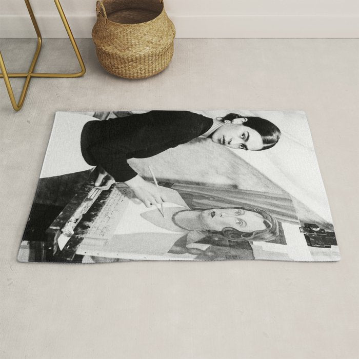 Frida Painting at Easel, Black and White Vintage Photograph Rug Gallery Image 1