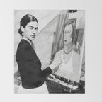 Frida Painting at Easel, Black and White Vintage Photograph Throw Blanket Gallery Image 2