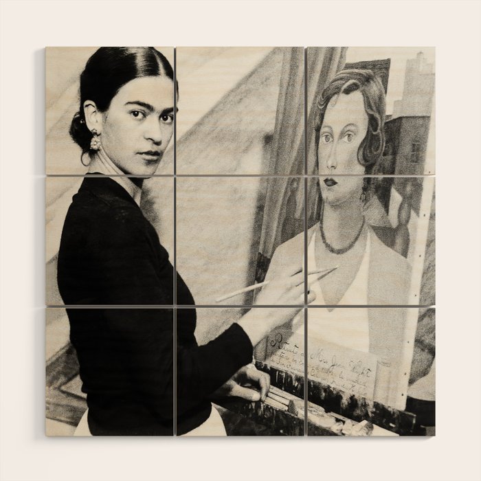 Frida Painting at Easel, Black and White Vintage Photograph Wood Wall Art Gallery Image 1