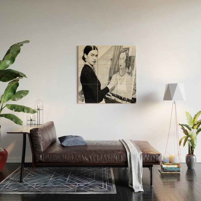 Frida Painting at Easel, Black and White Vintage Photograph Wood Wall Art Gallery Image 2