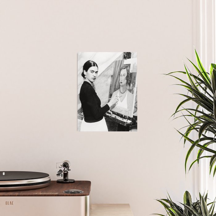 Frida Painting at Easel, Black and White Vintage Photograph Poster Gallery Image 2