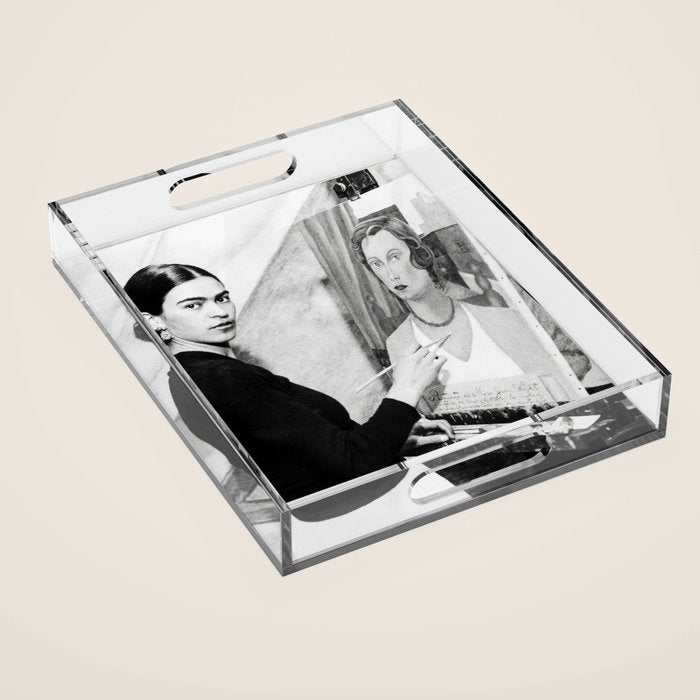 Frida Painting at Easel, Black and White Vintage Photograph Acrylic Tray Gallery Image 1