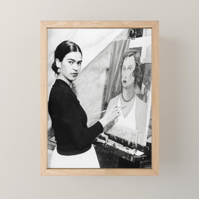 Frida Painting at Easel, Black and White Vintage Photograph Mini Art Print Gallery Image 1
