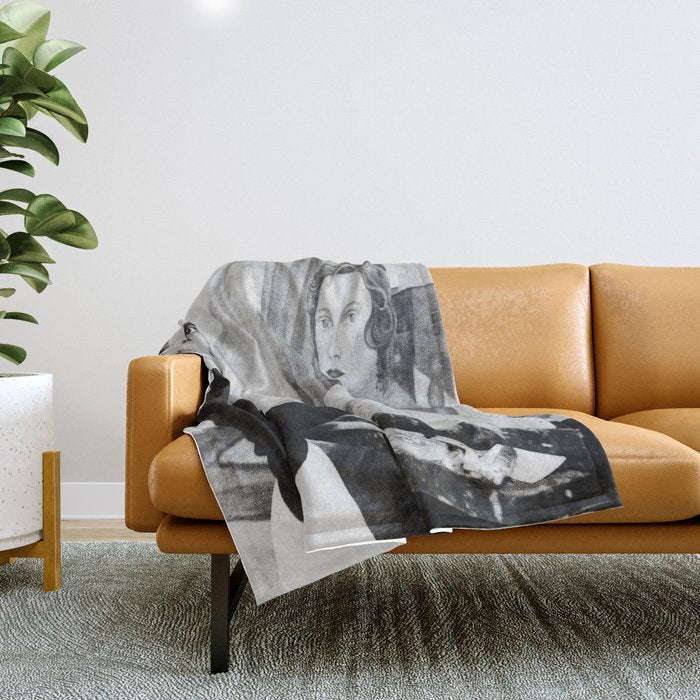 Frida Painting at Easel, Black and White Vintage Photograph Throw Blanket Gallery Image 1