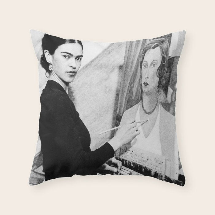 Frida Painting at Easel, Black and White Vintage Photograph Throw Pillow Gallery Image 1
