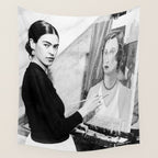 Frida Painting at Easel, Black and White Vintage Photograph Wall Tapestry Gallery Image 4